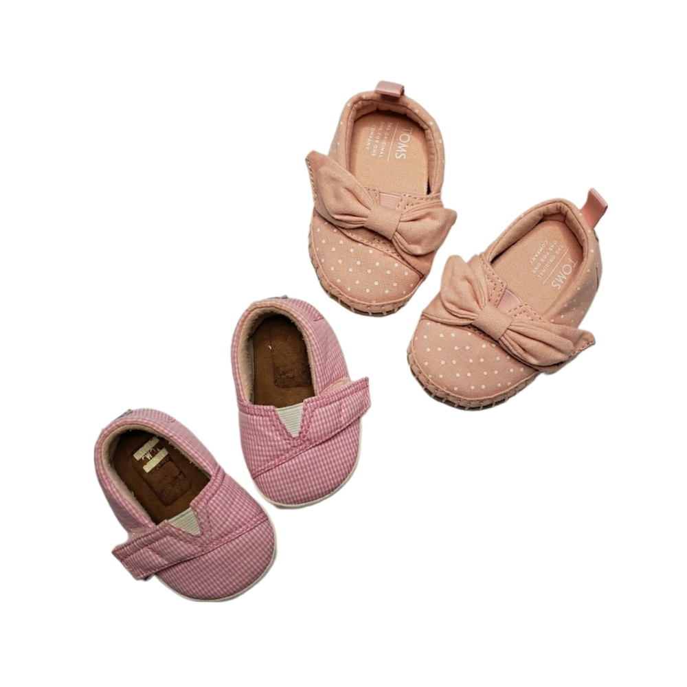 TOMS Baby Girl Size 2 And 3 Pink Gingham And Bow Dot Slip On Soft Crib Shoes